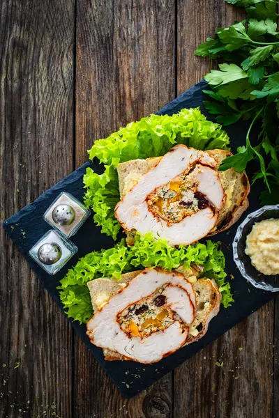 Sandwich Roast Turkey Breast Greens Wooden Table — Stock Photo, Image