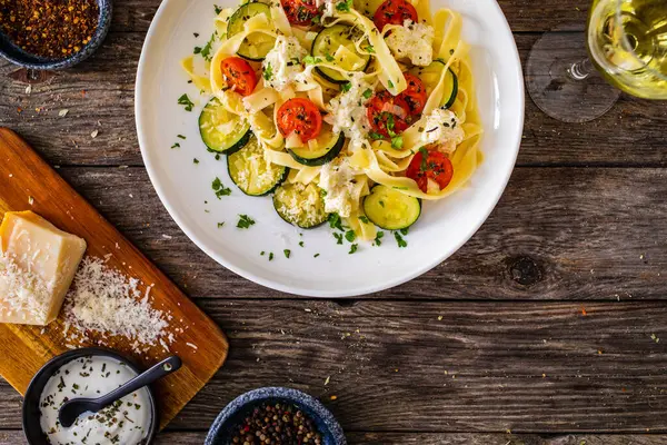 Pappardelle Mit Parmesan Zucchini Tomaten Und Sahnesoße Auf Holztisch lizenzfreie Stockfotos