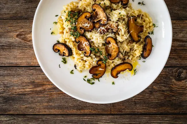 Risotto Mushrooms Roast Tomatoes Parmesan Wooden Table Stock Picture