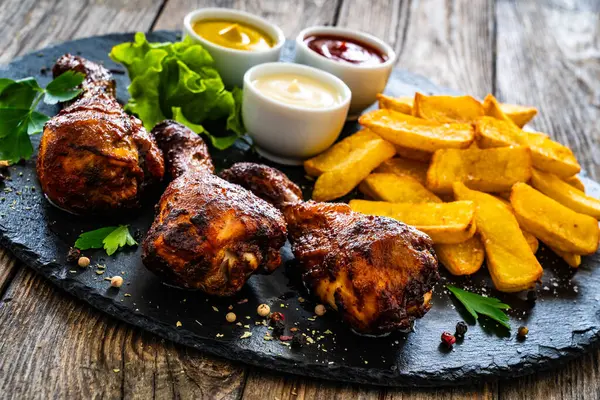 Roast Chicken Drumsticks French Fries Wooden Table Stock Photo
