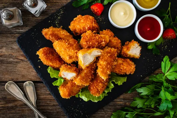 Fried Breaded Chicken Nuggets Served Mayonnaise Ketchup Mustard Wooden Table ภาพสต็อก