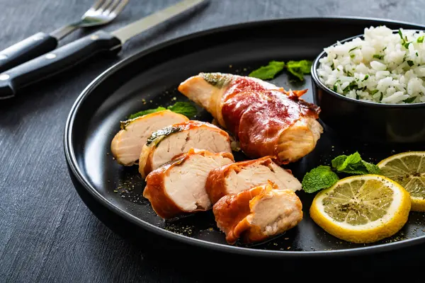 Chicken Saltimbocca Pan Fried Chicken Cutlets Wrapped Italian Prosciutto Slices รูปภาพสต็อก