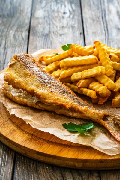 Fried Sea Bass Served Paper French Fries Ketchup Board Wooden Royalty Free Stock Images