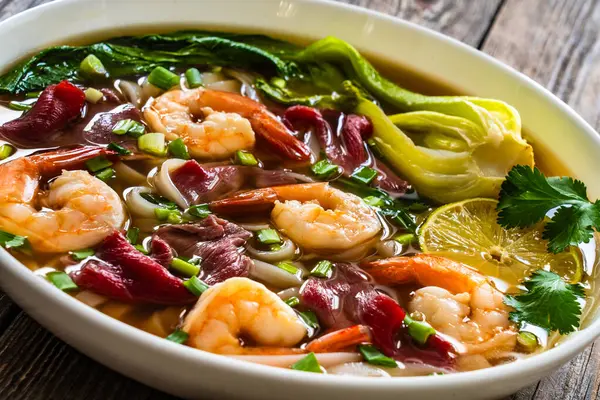 Shrimp Beef Pho Soup Vietnamese Soup Shrimps Raw Beef Slices Royalty Free Stock Images