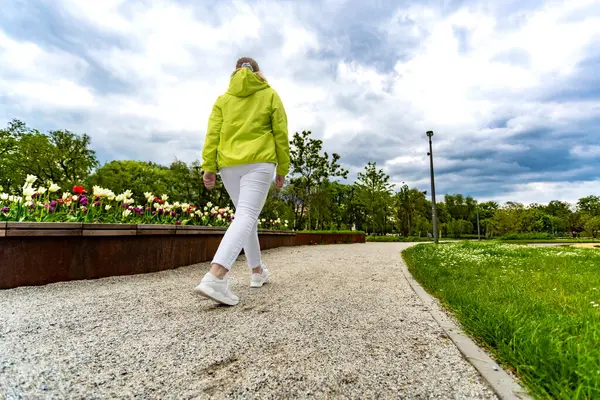 Spring Walk Mid Adult Beautiful Woman Walking City Park Stok Gambar Bebas Royalti