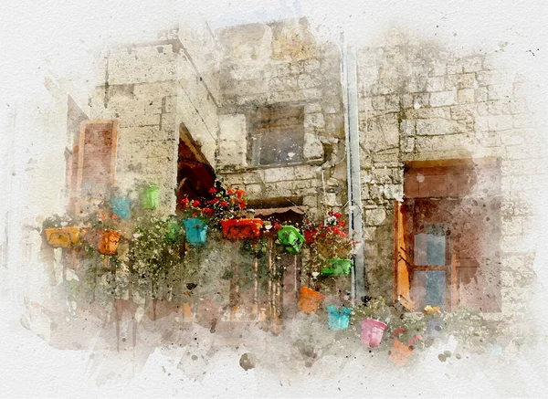 Pictorial Courtyards Greece Artwork Painting Style — Stock Photo, Image