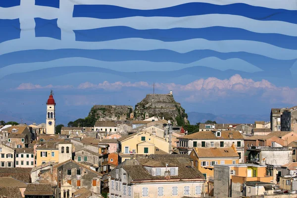 Oude Stad Korfoe Griekse Vlag Lucht — Stockfoto