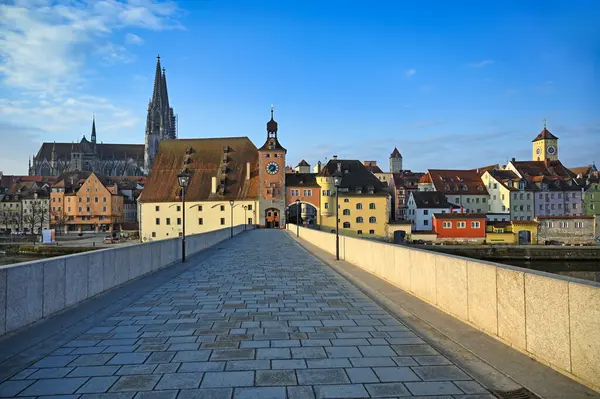 Πέτρινη Γέφυρα Και Πύργος Ρολογιού Στο Regensburg Γερμανία Εικόνα Αρχείου
