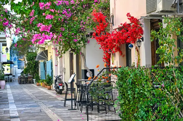 Nafplion şehrinin dar sokaklarında Bougainvillea çiçekleriyle dolu eski evler.