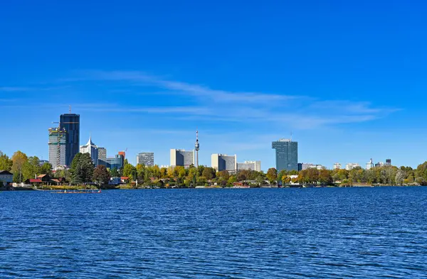 stock image Skyline of Vienna and blue Donau river, sunny autumn day