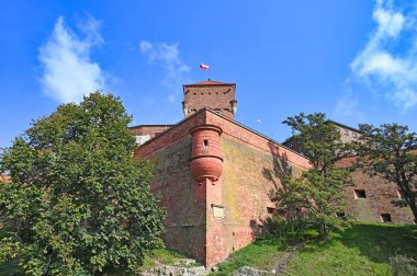 Krakow 'da Polonya bayrağı olan Wawel şatosu. 