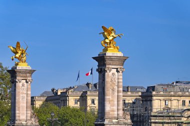 Yaldızlı heykelleri olan sütunlar Paris 'teki Alexander Köprüsü, Fransa