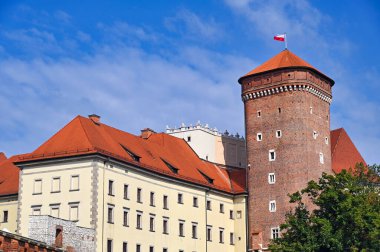 Polonya bayrağı taşıyan Wawel Kalesi, Krakow Polonya