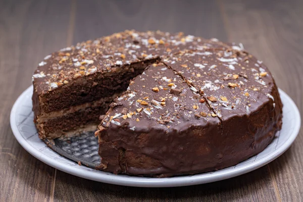 Plate Tasty Homemade Chocolate Cake Table — Stock Photo, Image