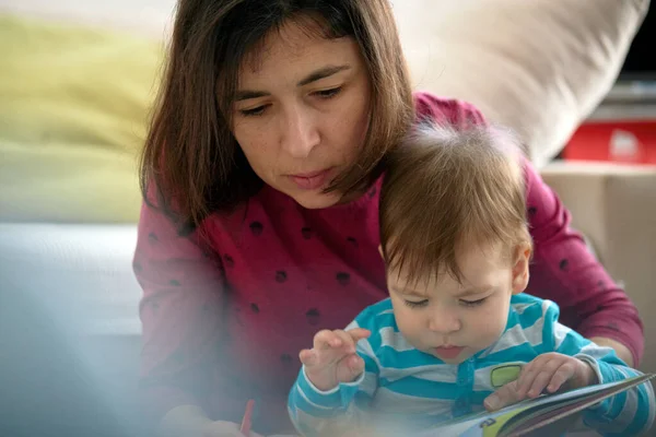 Mother Baby Son Reading Book Together — Stock Photo, Image