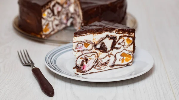 Egy Szelet Finom Csokoládé Gyümölcs Palacsinta Torta Stock Fotó