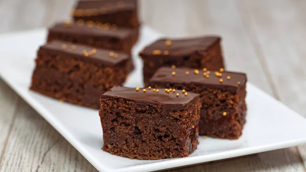 Chocolate Brownies Wooden Table Homemade Bakery Dessert Stock Image