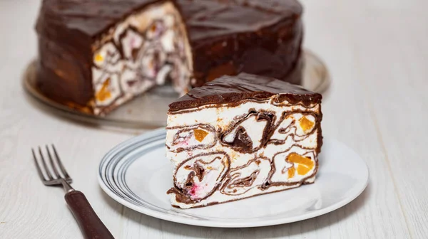 Egy Szelet Finom Csokoládé Gyümölcs Palacsinta Torta Stock Kép