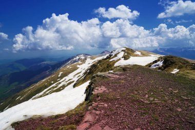 İlkbaharda çiçek açan çayırları ve karla kaplı dağ zirveleri olan Idyllic manzarası