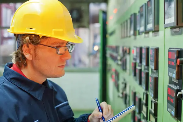 Endüstri işçisi bir kontrol panelinden kağıt koşulları üzerine yazıyor. 