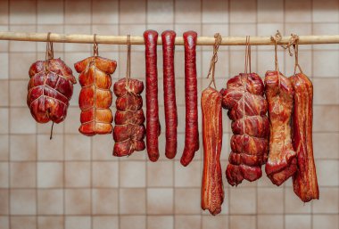 Bazıları sadece tütsülenmiş et (jambon, sığır filetosu, sosis ve pastırma) soğusun diye asıldı..