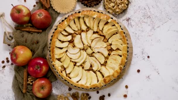 Fresh Baked Apple Pie Fruits Stone Table Top View Flat — Stock Video