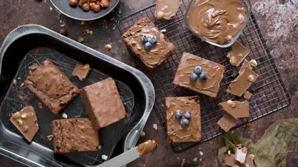 Composition Fresh Homemade Chocolate Brownie Squares Melting Chocolate Fresh Blueberries — Stockvideo
