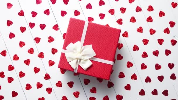 День Святого Валентина Прикраси Композиції Коробковий Подарунок Приділяється Червоний Блискітками — стокове відео