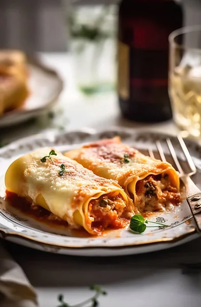 Delicious Cannelloni Pasta Served White Plate Tasty Italian Dish — Stock Photo, Image