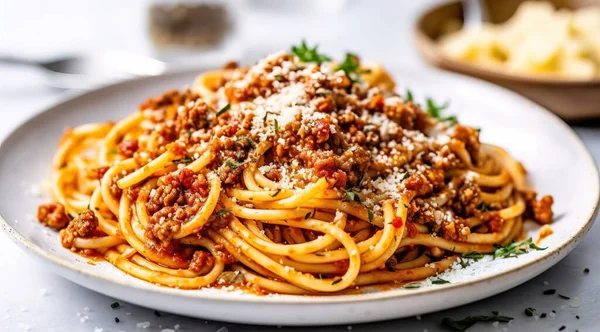 Delicioso Clásico Plato Italiano Espaguetis Calientes Boloñesa Con Hierbas Frescas —  Fotos de Stock