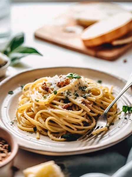Pasta Spagetti Bolognese Jauhelihakastikkeella Tomaateilla Parmesaanijuustolla Tuoreella Basilikalla Valkoisella Pöydällä — kuvapankkivalokuva