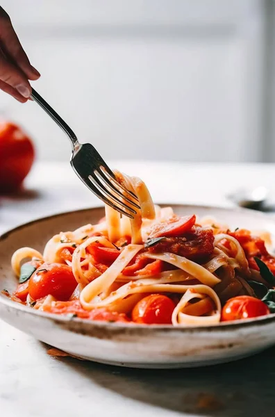Pasta Tagliatelle Haarukassa Perinteistä Italialaista Ruokaa Pasta Tomaattikastikkeella Lautasella Haarukalla — kuvapankkivalokuva