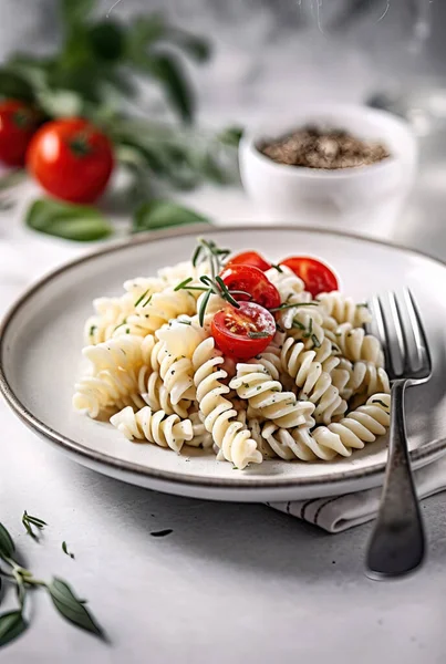 Plato Comida Italiana Fresca Rebosante Coloridas Verduras Hierbas Encima Pasta —  Fotos de Stock