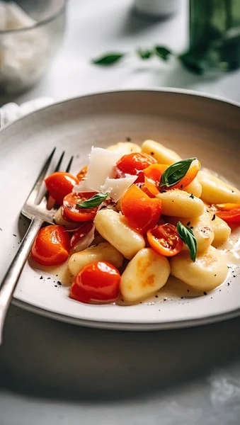 Délicieux Plat Italien Gnocci Frais Légumes Tomates Herbes Est Repas — Photo