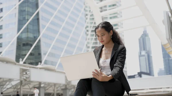 Portrait Young Asian Business Woman While Working Laptop Sitting Outdoors — Stock Photo, Image