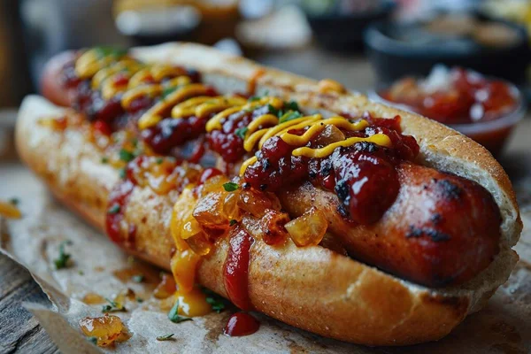 Hotdog Large Sausage Filled Ketchup Mustard Sprinkling Chopped Greens — Stock Photo, Image