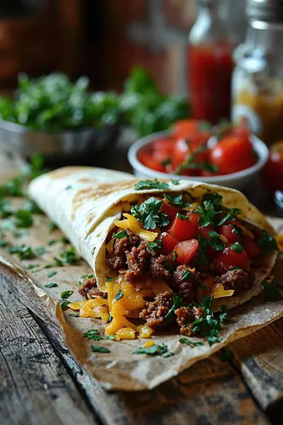 Burrito Mexican Gustos Carne Vită Fasole Smântână Servită Tavă Lemn Fotografie de stoc