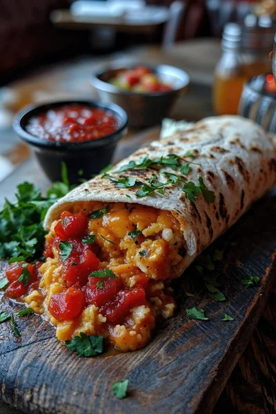 Burrito Mexican Gustos Carne Vită Fasole Smântână Servită Tavă Lemn fotografii de stoc fără drepturi de autor