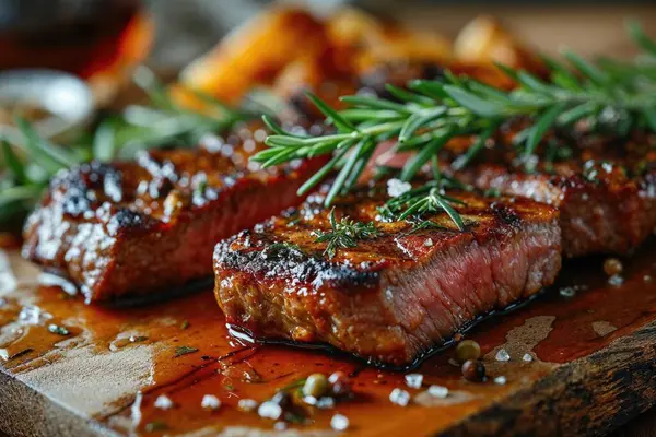 Dekat Dengan Steak Iga Medium Panggang Dengan Rosemary Dan Tomat — Stok Foto