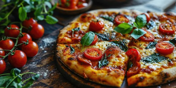 Margherita Pizza Gegarneerd Met Tomatensaus Mozzarella Kaas Verse Basilicum Bladeren — Stockfoto