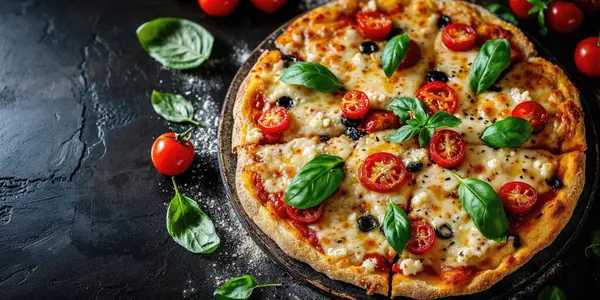 Finom Házi Pizza Fekete Asztalon Olasz Étel Sajttal Paradicsommal Felülnézeti Jogdíjmentes Stock Képek