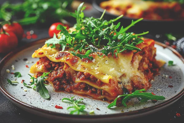 Homemade Lasagna Slice Minced Beef Bolognese Bechamel Sauce Topped Wild — Stock Photo, Image
