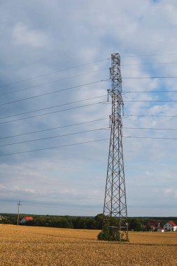 Alanda elektrik kabloları olan tek bir güç pilonu.