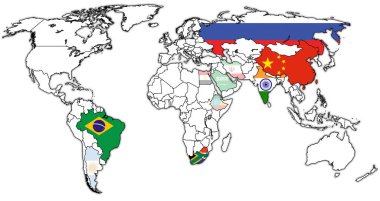 BRICS üye ülkeleri ve adayları ulusal sınırları olan siyasi dünya haritasında bayraklar