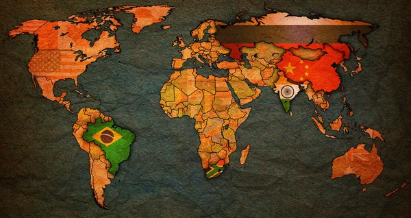 Brics Medlemsländer Flaggar Politisk Världskarta Med Nationella Gränser — Stockfoto