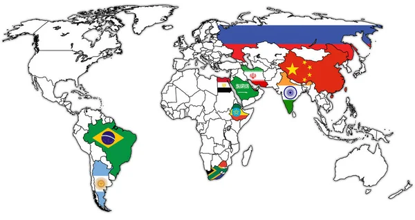 Yeni BRICS üye ülkeleri ulusal sınırları olan siyasi dünya haritasında bayraklar