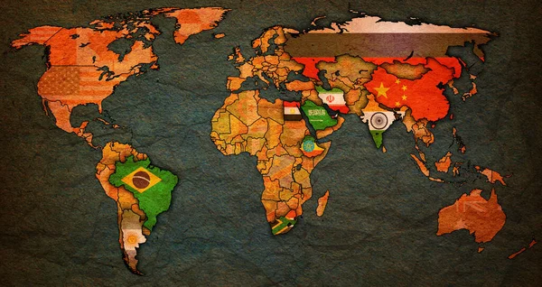 Países Miembros Del Brics Países Candidatos Banderas Mapa Político Mundial —  Fotos de Stock