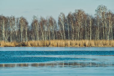 Kış mevsiminde güneşli bir günde göl kısmen buzla kaplıdır.