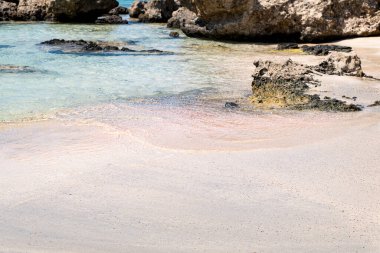 Yunanistan 'ın Girit adasındaki Elafonisi plajında pembe kumun yakın çekimi