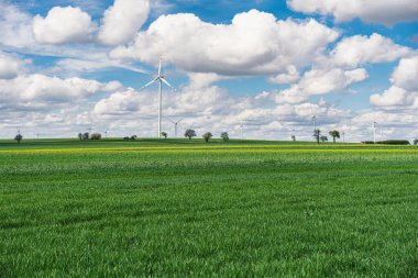 Kümülüs bulutlu bahar aylarında tarlada güç türbinleri olan bir rüzgar çiftliğinin manzarası.